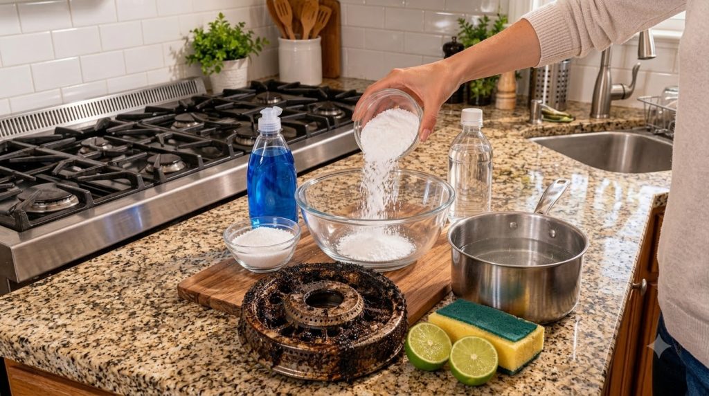A hand pouring baking soda into a bowl surrounded by cleaning supplies like dish soap vinegar limes and a heavily soiled