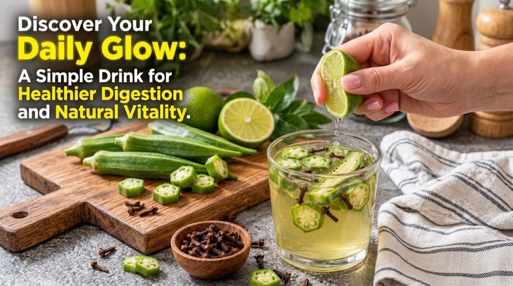 A clear glass with a light yellow drink infused with sliced okra and whole cloves A hand squeezes a fresh lime half drip