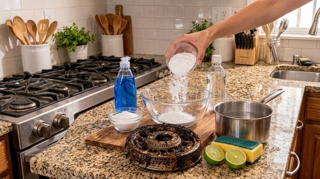 A hand pouring baking soda into a mixing bowl surrounded by dish soap salt white vinegar hot water and limes with a seve