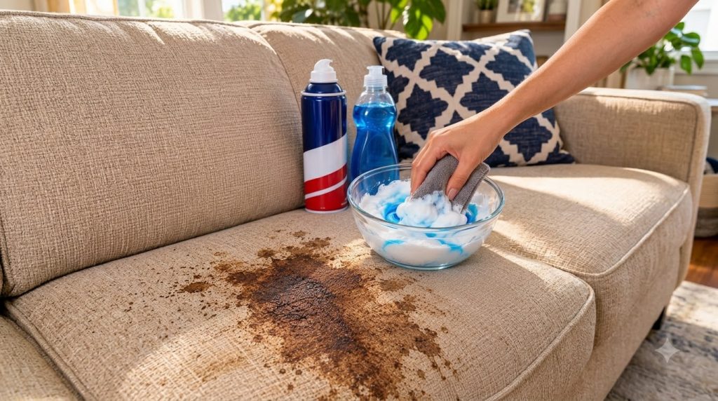 A hand holding a grey cloth dipped in a foamy blue and white cleaning solution actively scrubbing a dark stubborn stain 