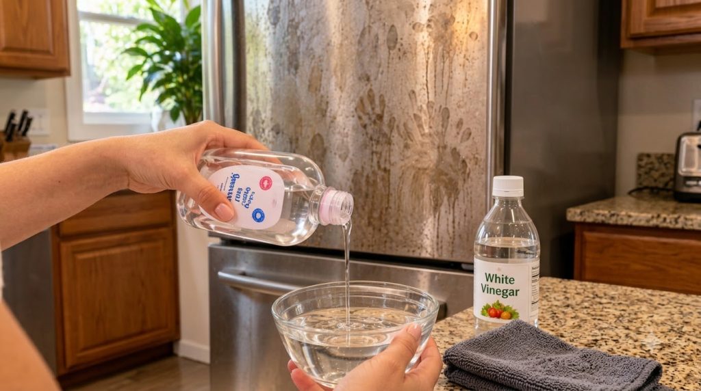 A person s hands pouring clear liquid from a baby oil bottle into a glass bowl of water on a speckled granite countertop