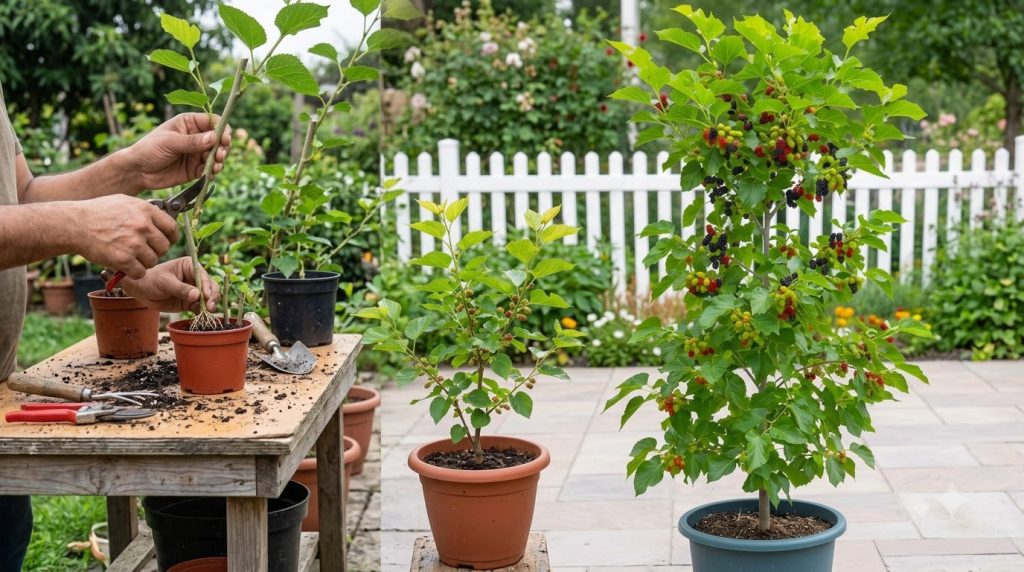 A four-panel collage showing the process of growing mulberry from cuttings to harvest Top-left Hands pruning a mulberry 