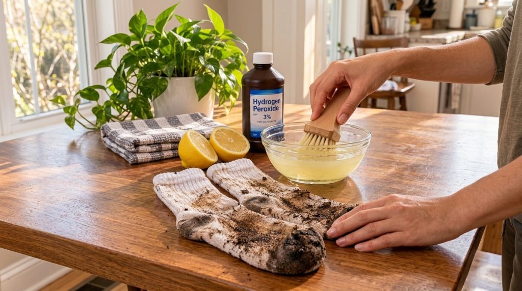 A pair of very dirty white socks on a wooden table surrounded by a bottle of hydrogen peroxide two lemon halves a checke