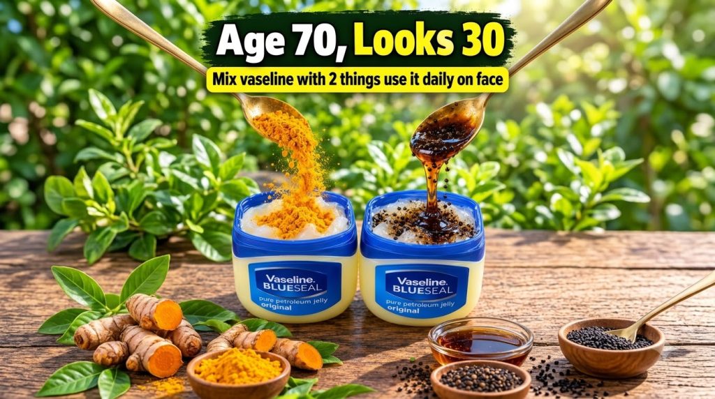 Two tubs of Vaseline with turmeric powder being sprinkled into one and a dark liquid with peppercorns dripping into the 