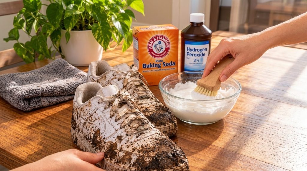 A pair of heavily mud-splattered white sneakers on a wooden table with cleaning supplies behind them A hand is holding o