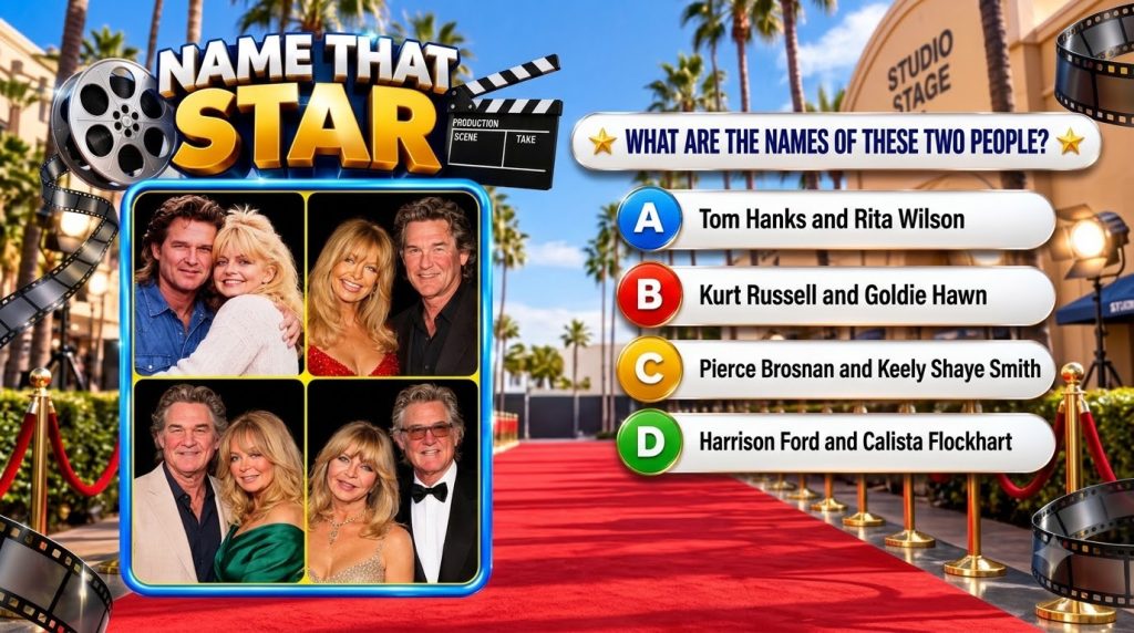 A split image showing younger and older versions of the iconic Hollywood couple Goldie Hawn and Kurt Russell smiling war