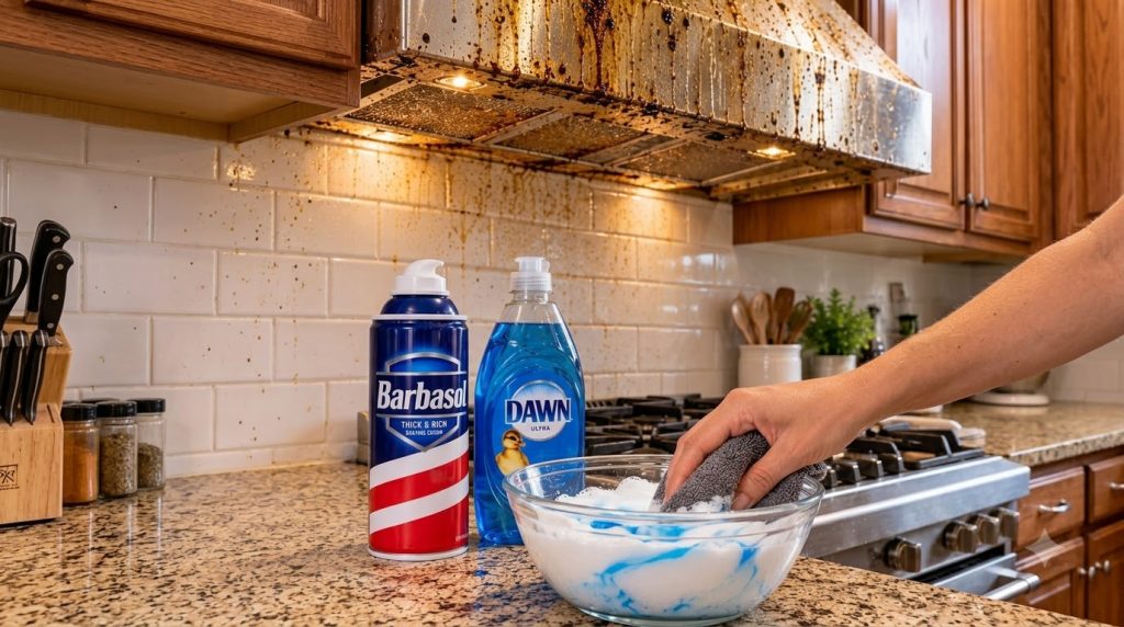 A kitchen scene showing a heavily grease-splattered stainless steel range hood in the background with a hand actively mi