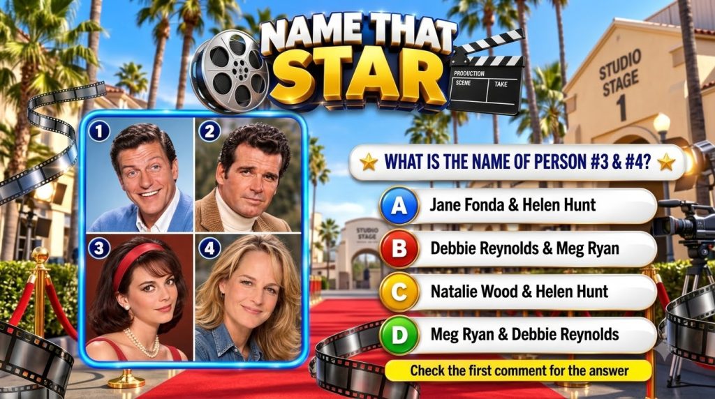 A vertical Name That Star quiz graphic for social media with a vibrant Hollywood background featuring palm trees studio 
