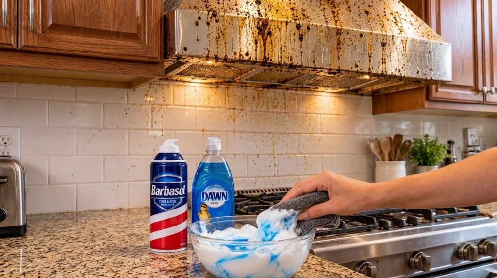 A severely grease-splattered stainless steel range hood and tiled backsplash with a hand mixing shaving cream and blue d
