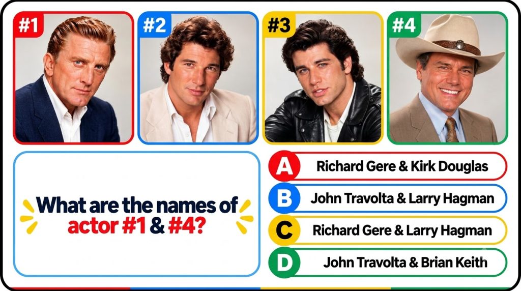A multiple-choice quiz image featuring four classic Hollywood male actors portraits in a 2x2 grid with a question and fo