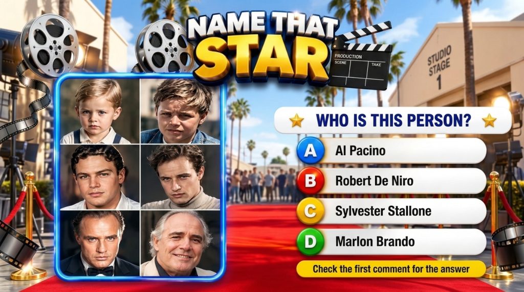 A mobile game screen titled NAME THAT STAR showing a grid of six portraits of Marlon Brando at different ages with the q
