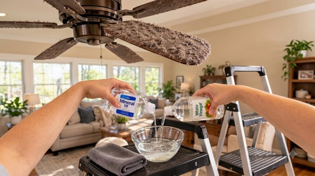 Hands pouring mineral oil and white vinegar into a bowl with a dusty ceiling fan blade visible in the background