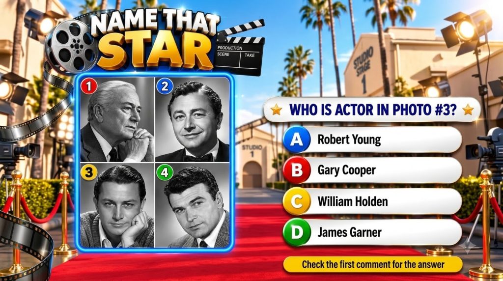 A mobile quiz game interface titled NAME THAT STAR showing a black-and-white portrait of a classic Hollywood actor Rober