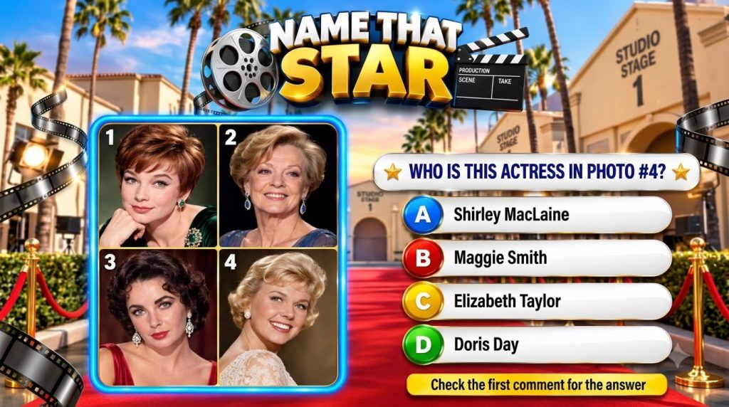 A vertical mobile game screen for Name That Star quiz showing four framed portraits of classic Hollywood actresses a que