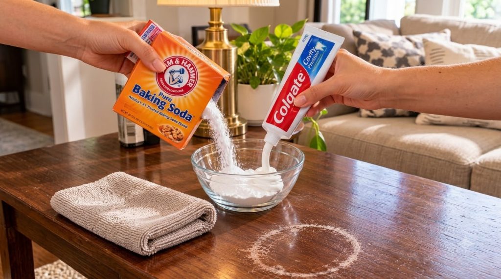 Hands mixing baking soda and white toothpaste in a glass bowl on a wooden table with a visible water stain