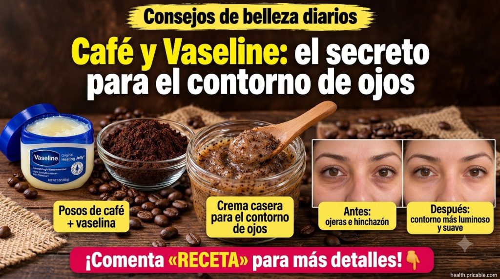 A vertical collage showing ingredients Vaseline and coffee grounds the mixing process of the cream and a before-and-afte