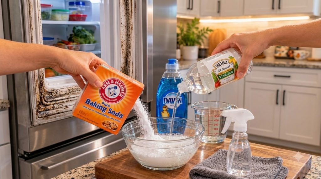 Hands preparing a DIY cleaning solution with baking soda vinegar and dish soap in a kitchen with a dirty refrigerator se