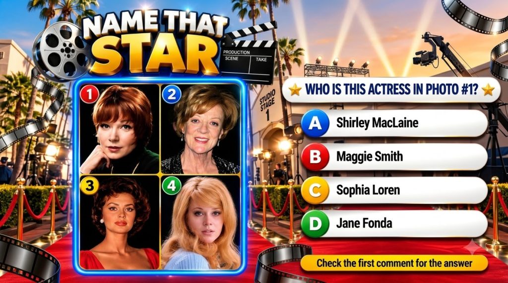 A mobile quiz interface featuring four classic Hollywood actresses Shirley MacLaine Maggie Smith Sophia Loren and Jane F