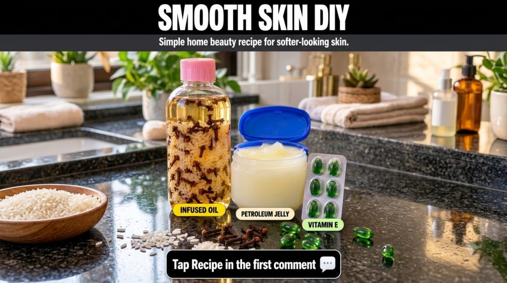 Three beauty products on a dark reflective surface a bottle of oil infused with rice and cloves an open tub of petroleum