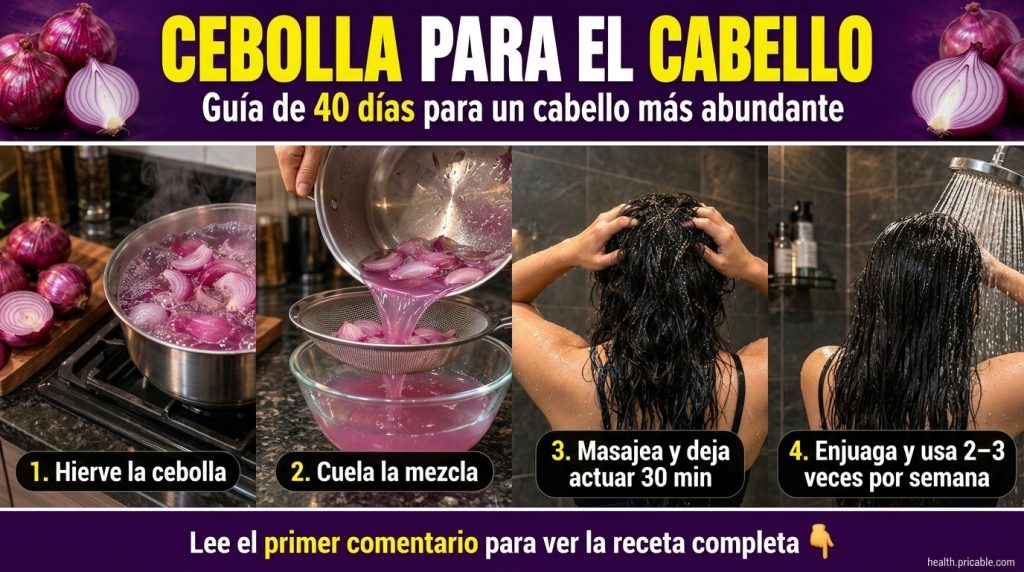 Vertical infographic showing the four-step process of making and applying onion water for hair growth red onions on a cu