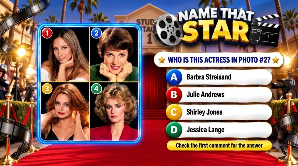 A vibrant movie-themed quiz interface titled NAME THAT STAR featuring a grid of four female celebrity headshots against