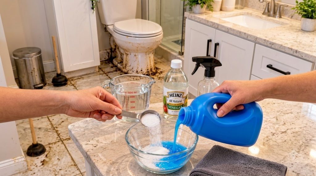 Hands mixing white granular powder and blue liquid in a glass bowl with other cleaning supplies and a heavily soiled toi