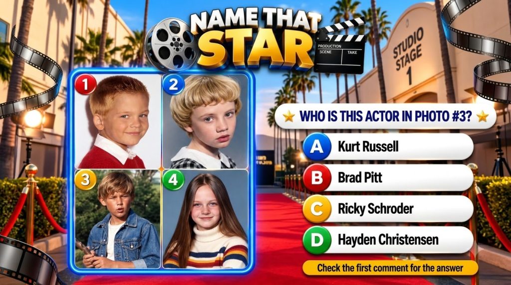A mobile quiz game screen titled Name That Star showing four childhood photos of actors with a question to identify the 
