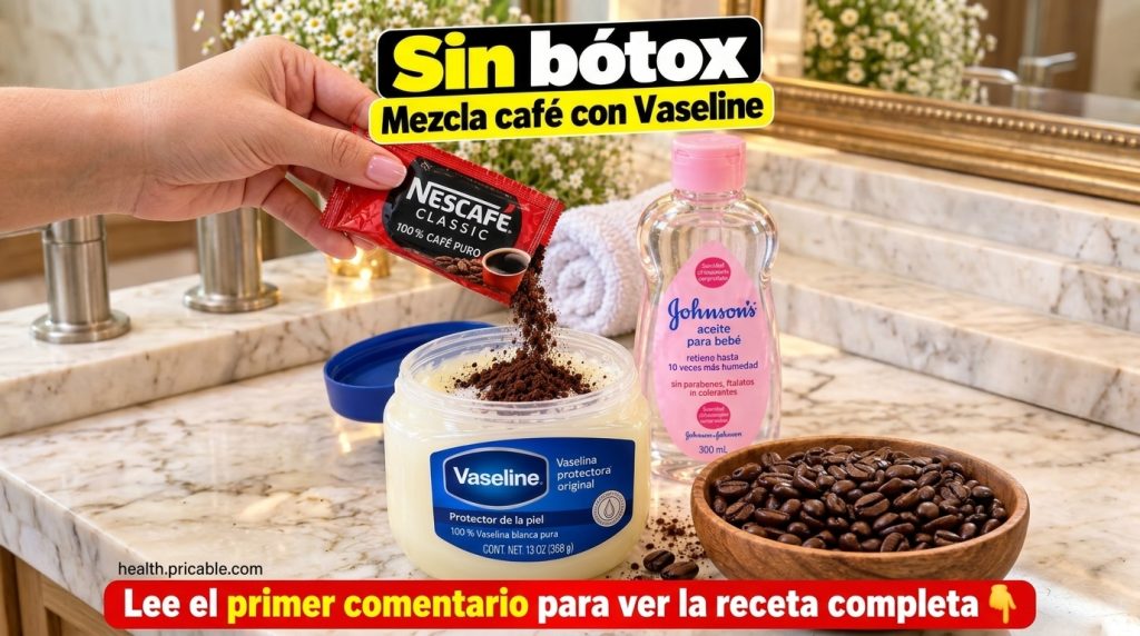 A hand pouring coffee granules into a jar of Vaseline on a counter with baby oil and coffee beans