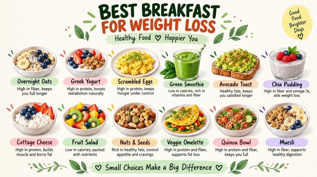 An infographic displaying nine different healthy breakfast options in a 3x3 grid such as Overnight Oats Greek Yogurt Gre