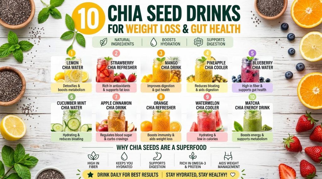 An infographic showing 10 different chia seed drink recipes for weight loss and gut health each in a glass jar with frui