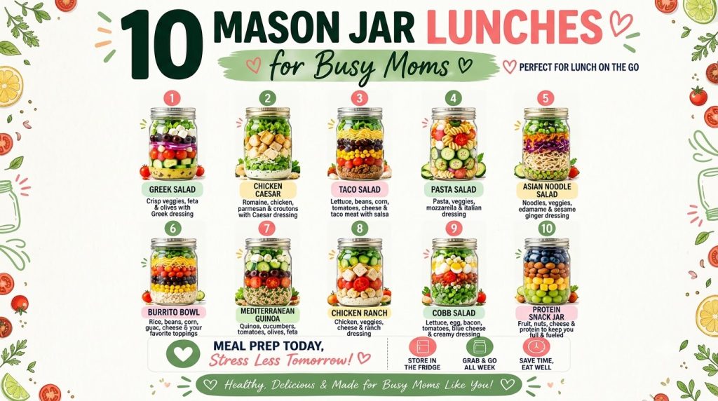 A grid of ten colorful and distinct mason jar lunches each layered with different healthy ingredients like salads quinoa