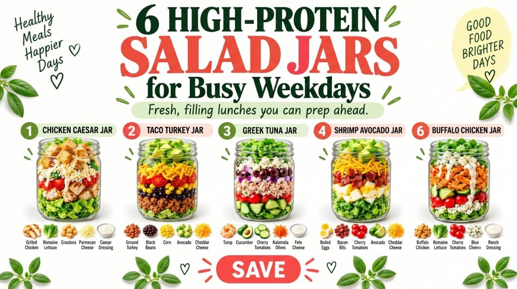 Six distinct high-protein salad jars each artfully layered with fresh ingredients like vegetables proteins and dressings