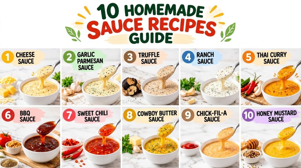 A grid of ten different vibrant homemade sauces in white bowls each with a spoon Ingredients like fresh herbs garlic che