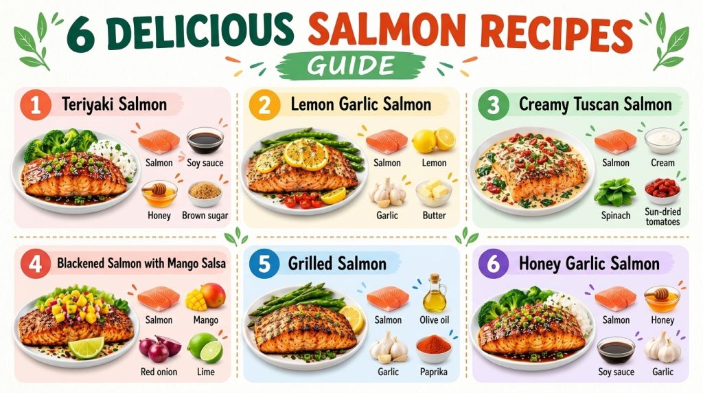 A visual guide displaying six different salmon recipes in a grid layout Each dish features cooked salmon with various sa