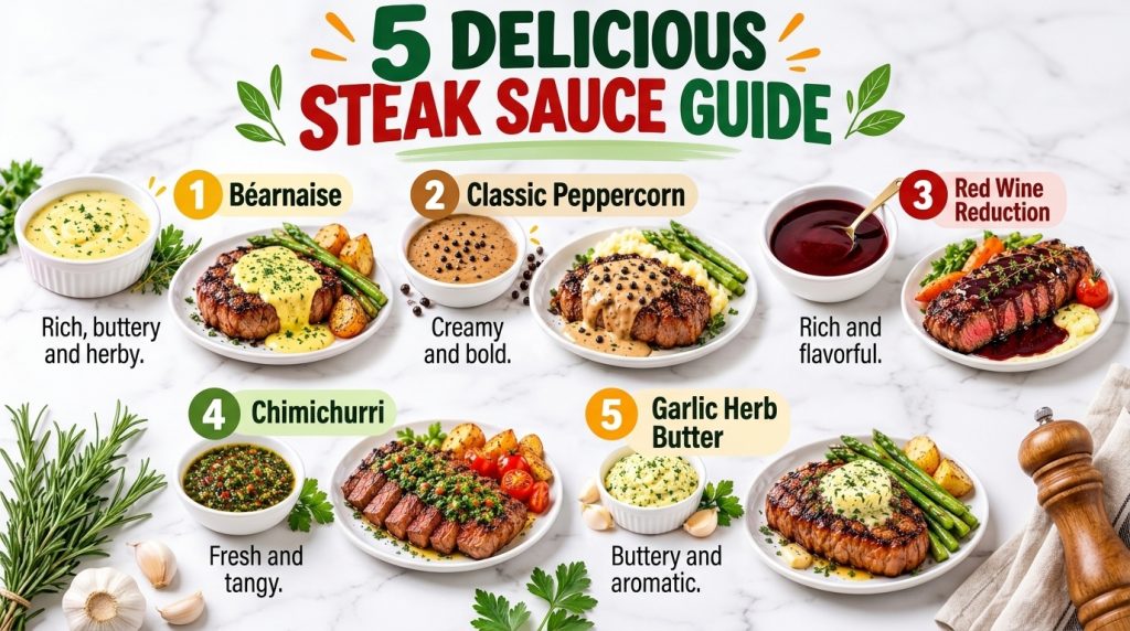 An infographic displaying five different steak sauces each paired with a cooked steak garnished with fresh herbs against