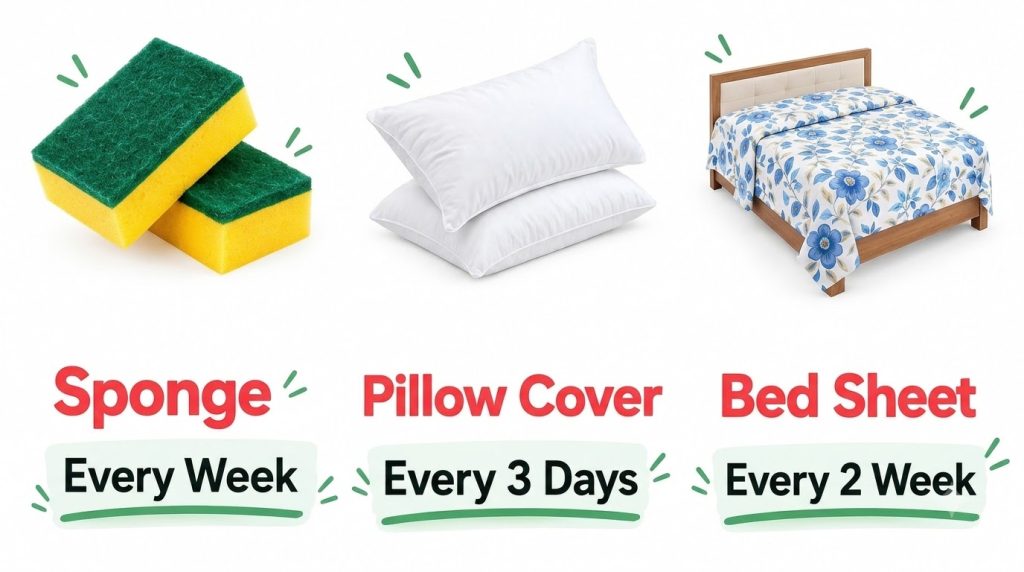 An infographic showing cleaning and replacement frequencies for sponges pillows and bed sheets