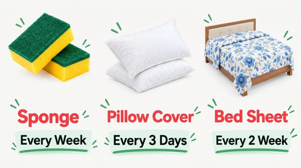 An infographic showing three sections yellow and green sponges with cleaning frequency white pillows with cleaning frequ