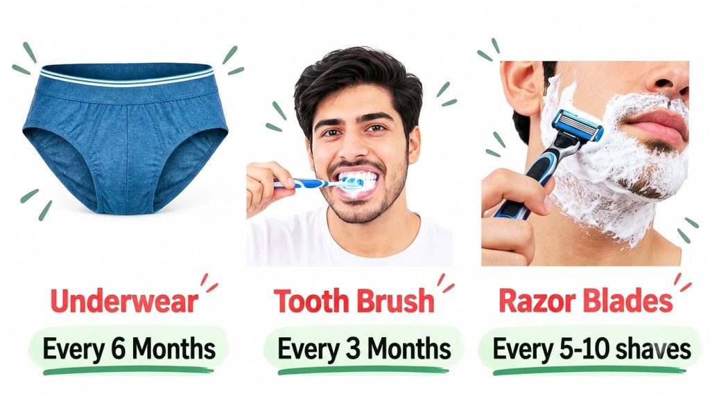 An infographic showing three panels a clean men s brief a man brushing his teeth and a man shaving with text indicating 