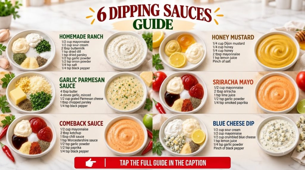 A visual guide displaying six different dipping sauces Each sauce shows its raw ingredients on one side and the finished