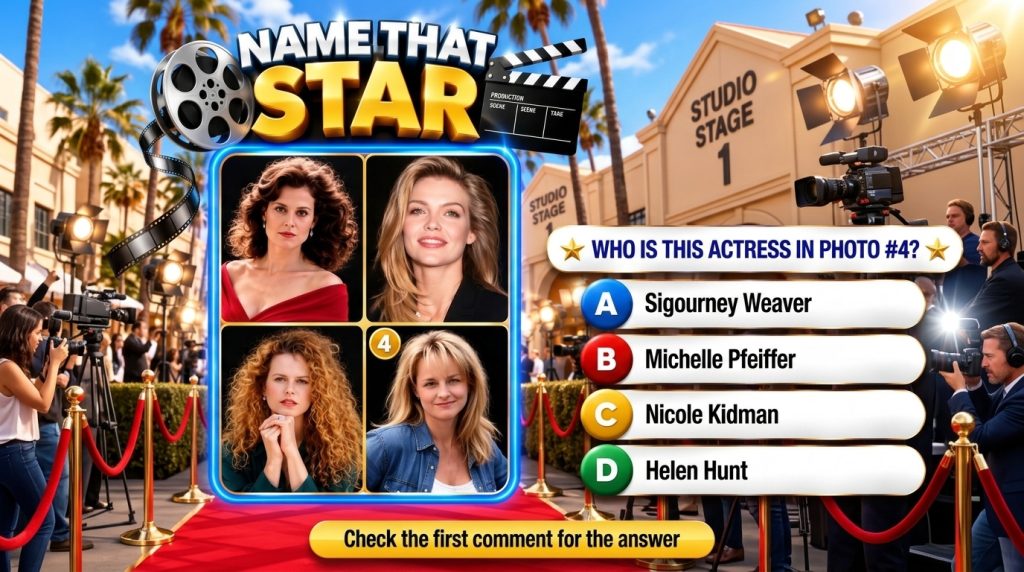 A game interface for NAME THAT STAR quiz showing four headshots of actresses Sigourney Weaver Michelle Pfeiffer Nicole K