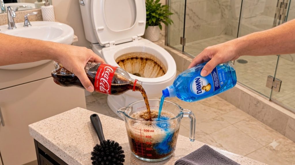Hands pouring Coca-Cola and blue dish soap into a glass measuring cup creating a frothy mixture with a visibly stained t