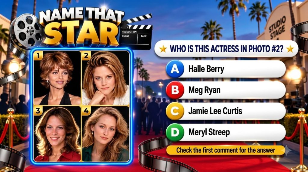 A Name That Star trivia game with a Hollywood backdrop featuring four celebrity headshots in a grid The central question