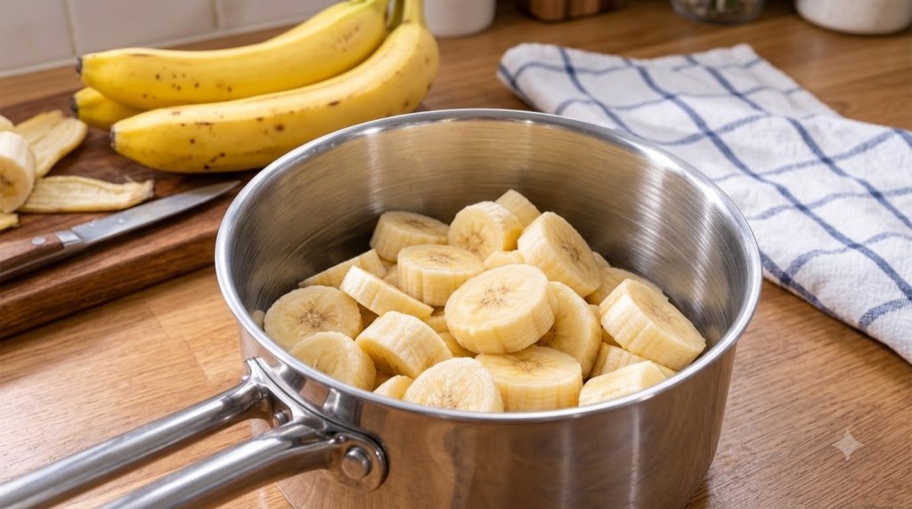 A metal saucepan filled with numerous freshly sliced banana rounds In the soft-focus background a whole banana rests on 
