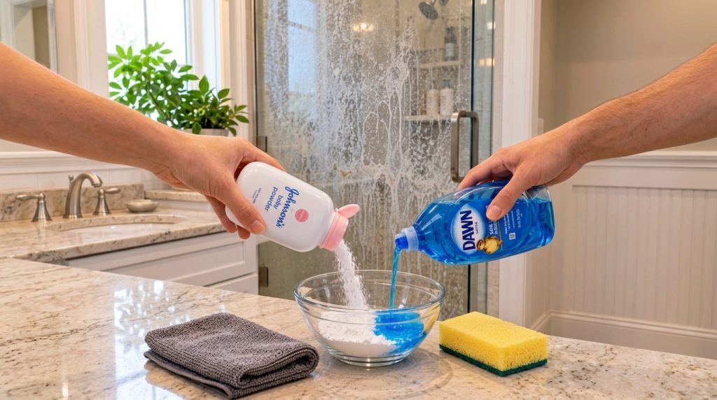 Close-up of hands pouring baby powder and blue dish soap into a clear glass bowl with a blurry shower door in the backgr