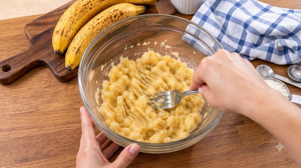 Hands mashing ripe bananas in a clear glass bowl with a fork with whole ripe bananas on a wooden board in the background