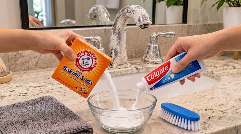 Hands mixing baking soda from an orange box and white toothpaste from a red and white tube into a clear glass bowl on a