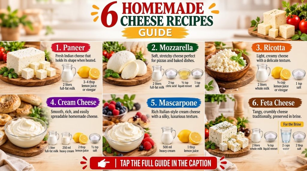 An infographic showing 6 different homemade cheese recipes including Paneer Mozzarella Ricotta Cream Cheese Mascarpone a