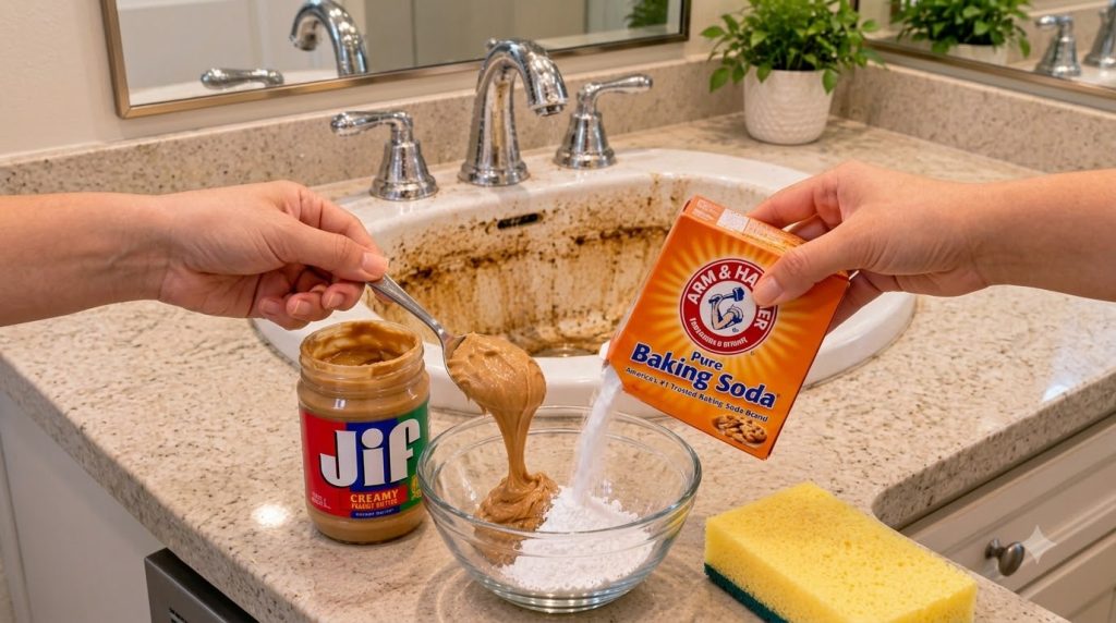 Hands mixing creamy peanut butter and baking soda in a glass bowl on a granite countertop with a heavily soiled bathroom