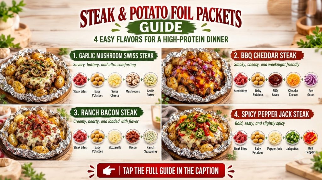 An infographic showcasing four distinct steak and potato foil packet recipes Garlic Mushroom Swiss BBQ Cheddar Ranch Bac