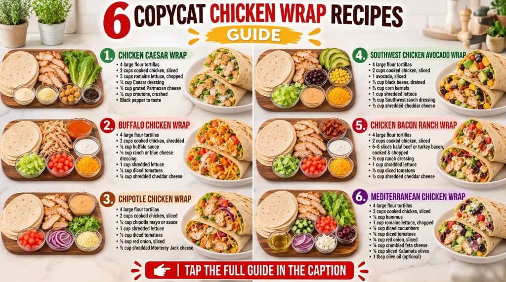 A vertical collage showcasing six different chicken wrap recipes each with its ingredients laid out on a wooden board ne